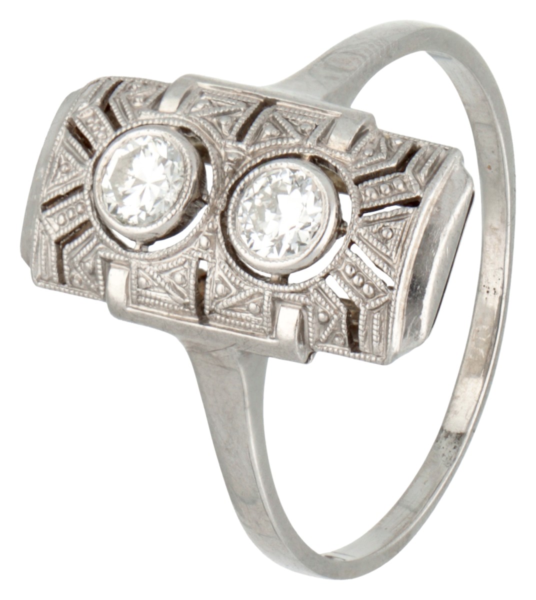 14 kt. Witgouden art deco ring bezet met ca. 0.29 ct. diamant.