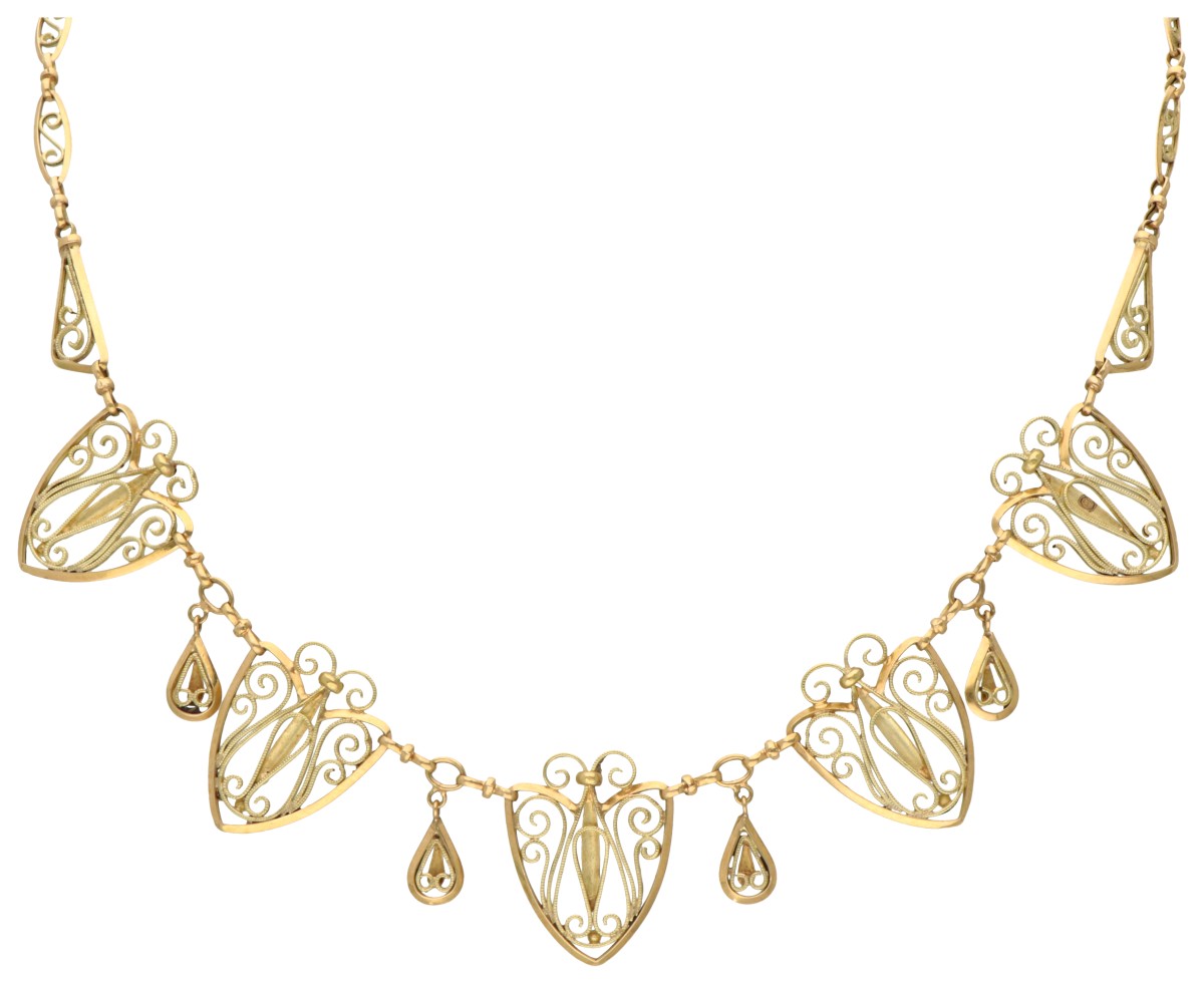14 kt. Geelgouden art nouveau filigrain collier.