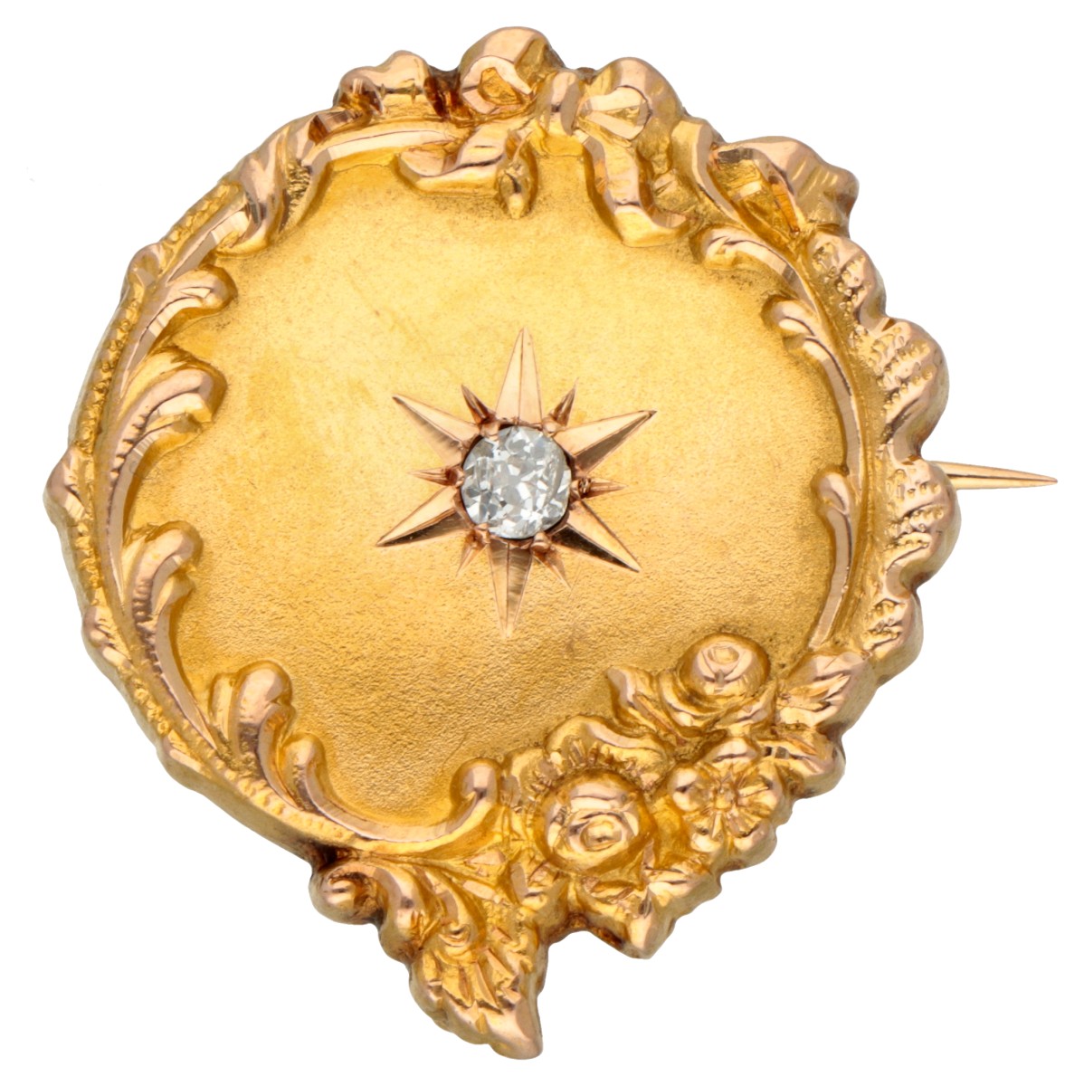 18 kt. Geelgouden antieke broche / hanger bezet met een oud geslepen diamant.