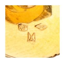 14 kt. Geelgouden / stalen design oorbellen bezet met ca. 0.16 ct. diamant, gedeeltelijk met blauw titanium.