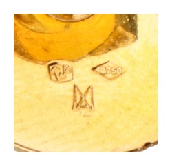 14 kt. Geelgouden / stalen design oorbellen bezet met ca. 0.16 ct. diamant, gedeeltelijk met blauw titanium.