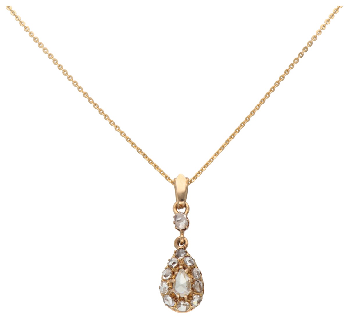 Antieke 14 kt. geelgouden Uno A R collier en peervormige hanger bezet met diamant.