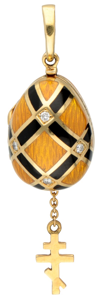 Fabergé 18 kt. geelgouden geëmailleerde ei-hanger met Russisch orthodox kruis aan ketting.