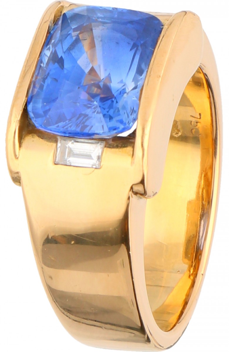 Geelgouden heren zegelring, met ca. 0.25 ct. diamant en ca. 6.50 ct. natuurlijke saffier - 18 kt.