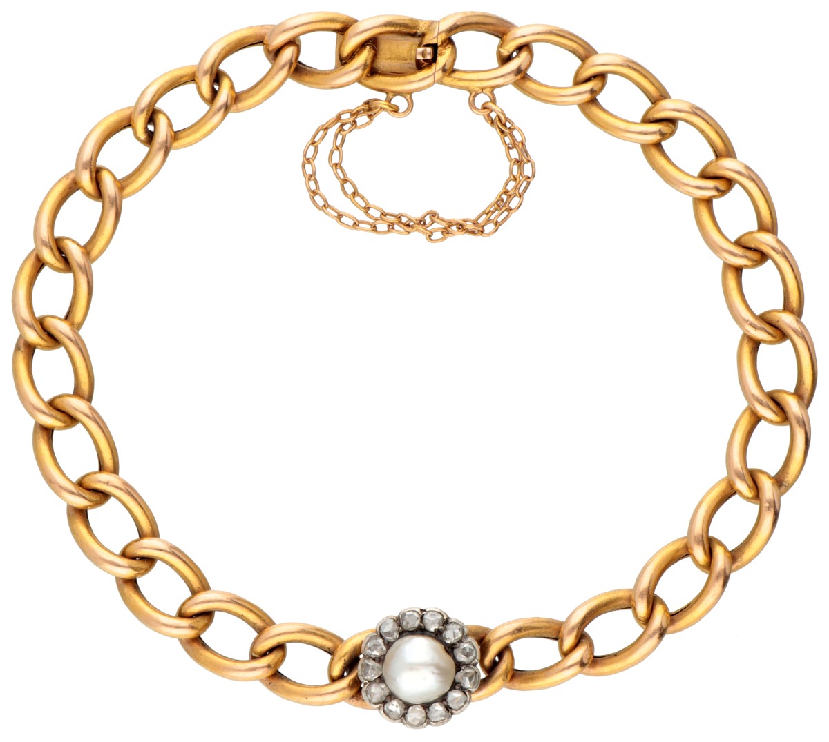 Franse antieke 18 kt. geelgouden gourmet-schakelarmband bezet met diamant en parel in witgouden rozet.