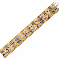 Brede geelgouden cocktail armband bezet met 44 natuurlijke saffieren - 14 kt.