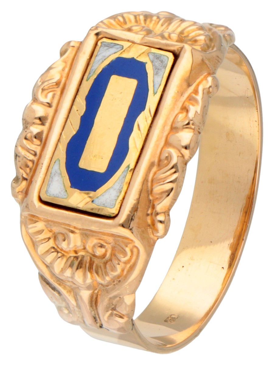 Antieke 18 kt. geelgouden 19e-eeuwse ring met witte en blauwe emaille gezet in een gestanste florale rand.