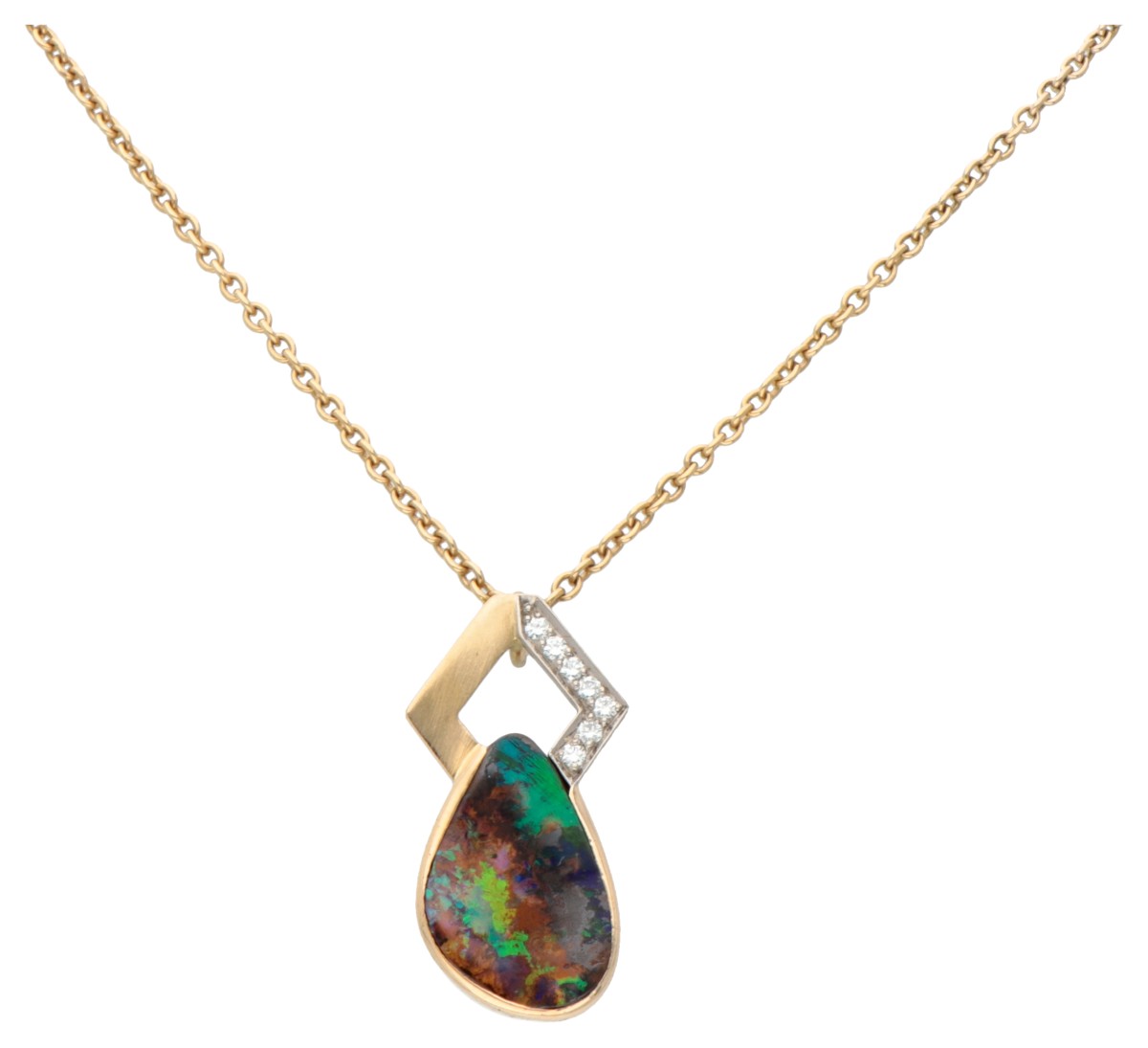 18 kt. Geelgouden collier en modernistische hanger bezet met boulder opaal en diamant.