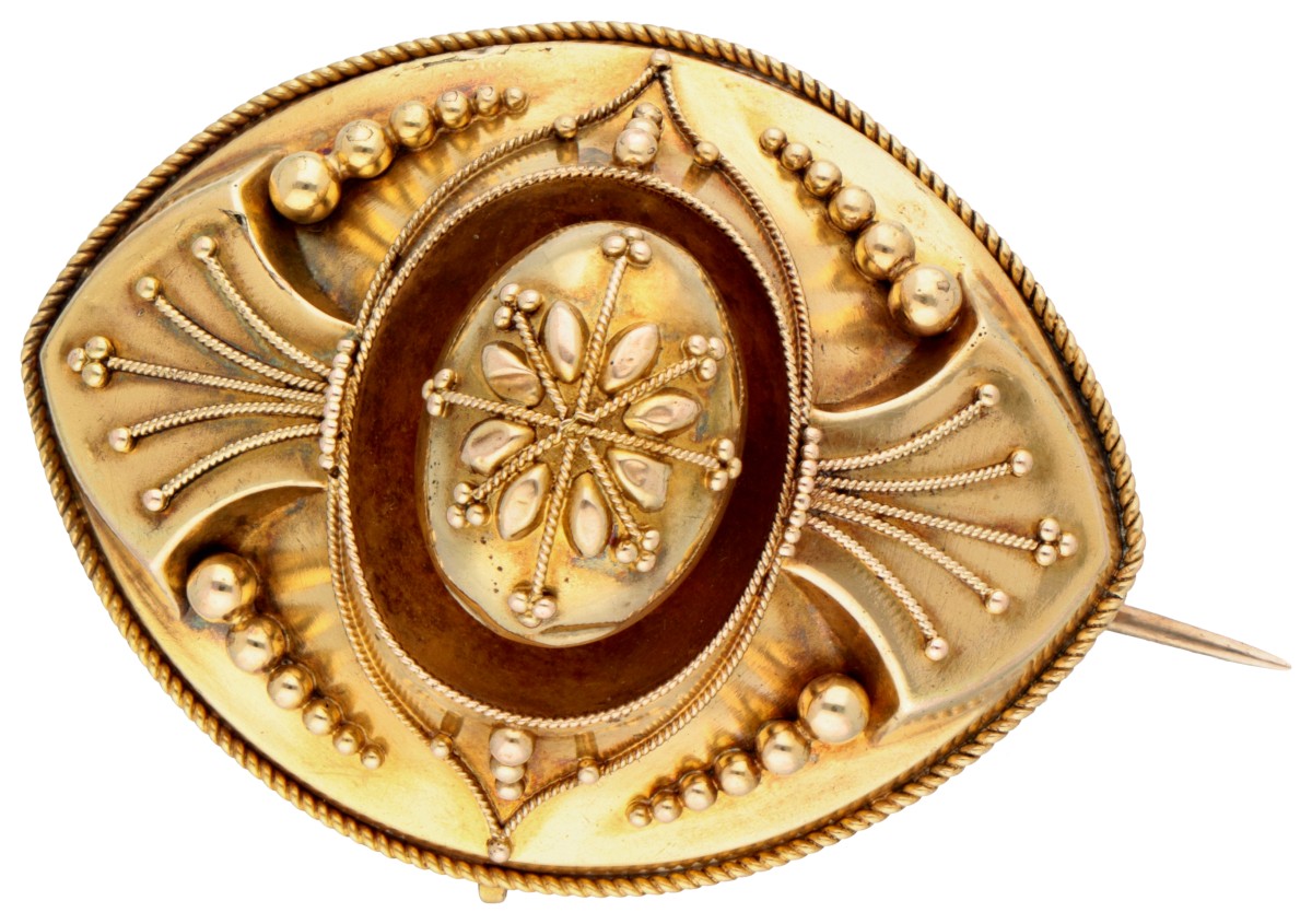 Antieke 18K geelgouden neo-etruskische herinneringsbroche met foto achter glaasje.