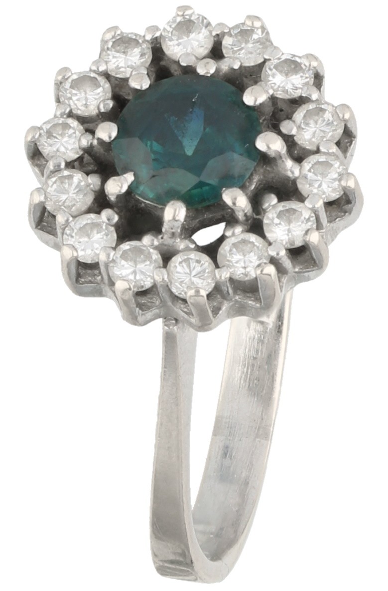 Witgouden rozet ring, met ca. 0.28 ct. diamant en natuurlijke saffier - 18 kt.