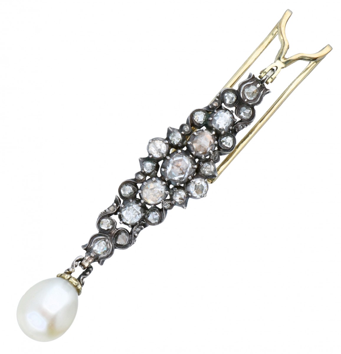 Geelgouden sjaal klem, met 21 diamanten en cultivé zoetwater parel - 14 kt. en 925/1000.