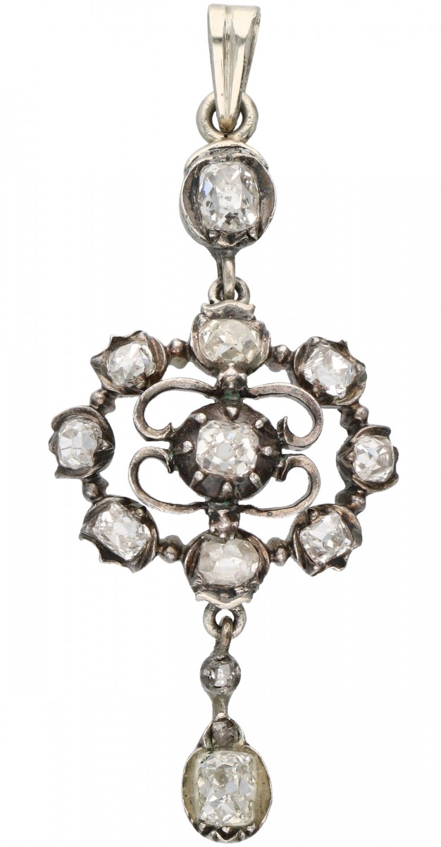 Antieke zilveren hanger, met ca. 1.66 ct. diamant - 925/1000.