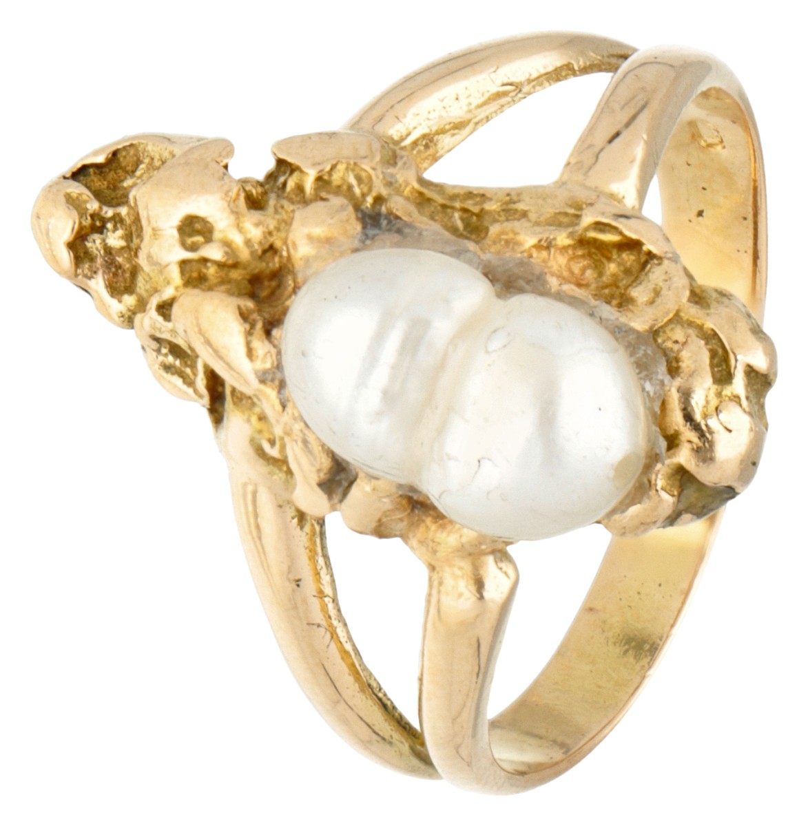 Belgische 18 kt. geelgouden Unica Simonne (Monhof) Muylaert-Hofman naturalistische design ring met biwa parel.