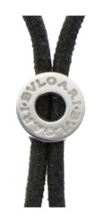 Bvlgari collier met zwart zijden koord en 18 kt. witgouden cirkelvormige hanger en schuif.