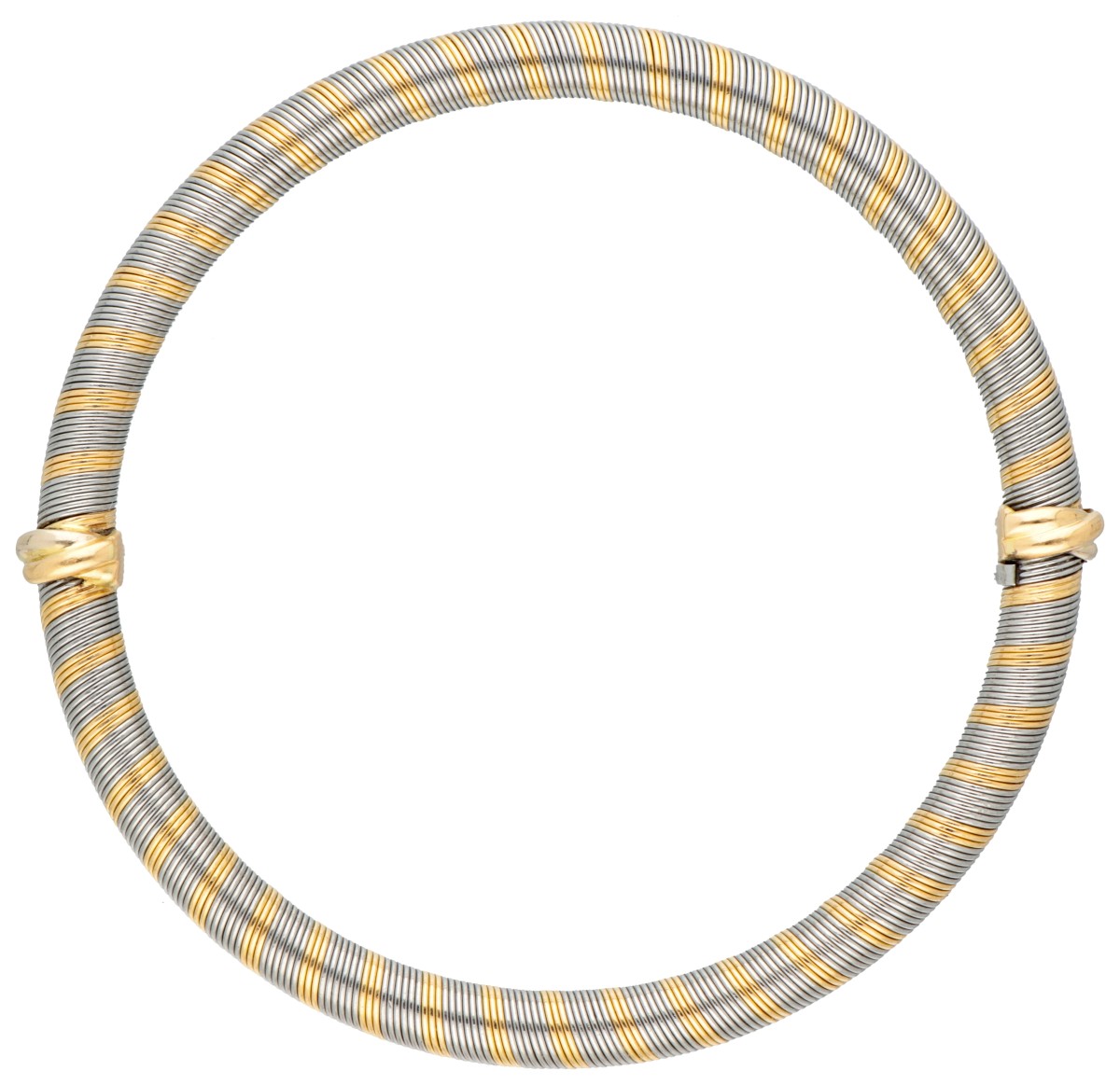 Cartier 'Or et Acier' 18 kt. geelgouden / edelstalen bangle armband met twee bicolor gouden trinity ringen.