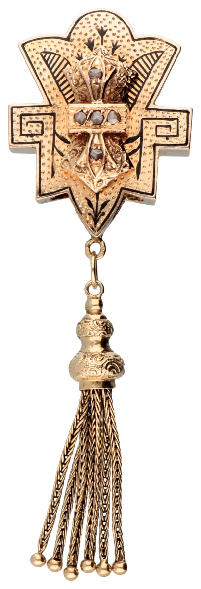 Antiek historisme 14K roségouden schuifje bezet met zwart emaille en roos geslepen diamant.