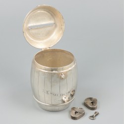 Spaarpot met slotje zilver.
