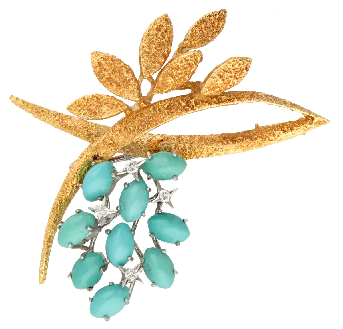 18 kt. Geelgouden broche bezet met ca. 0.08 ct. diamant en turkoois.