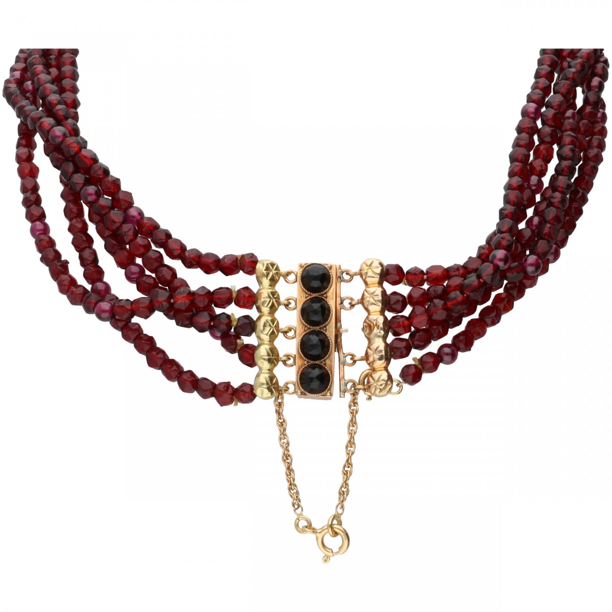 Vijfrijig granaten collier met een rosegouden sluiting - 14 kt.