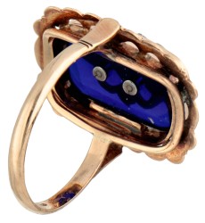 14 kt. Geelgouden ring met roos geslepen diamant op Boheems glas.