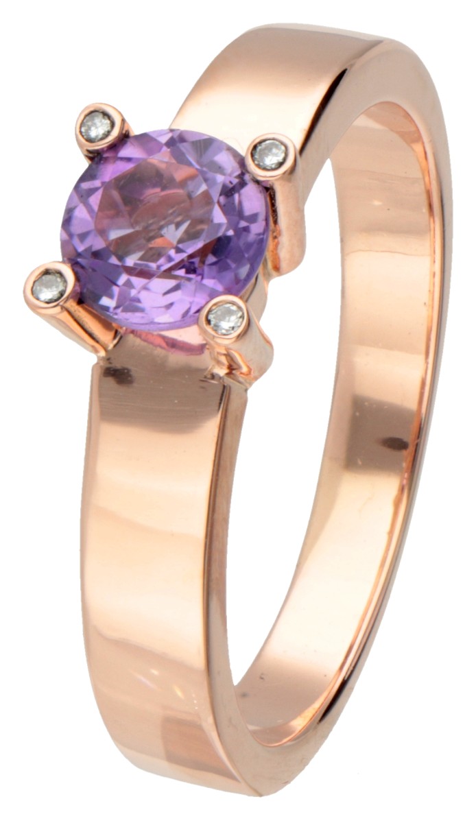 Bron 14 kt. roségouden 'Phlox' ring bezet met ca. 0.71 ct. amethist en ca. 0.02 ct. diamant.