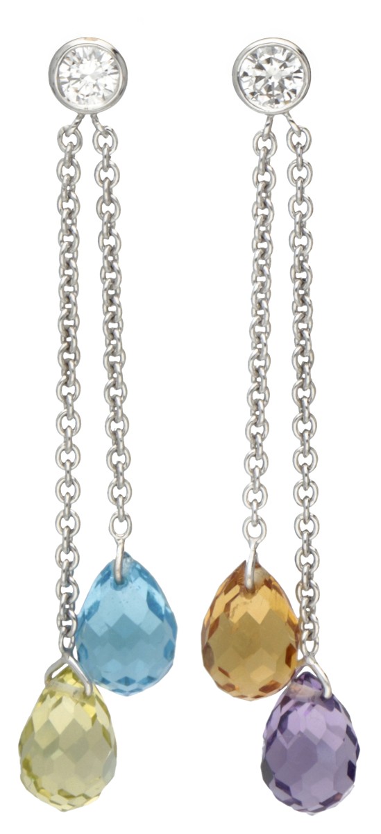 18 kt. Witgouden oorhangers met diamant, amethist, citrien, blauwe en oranje topaas.