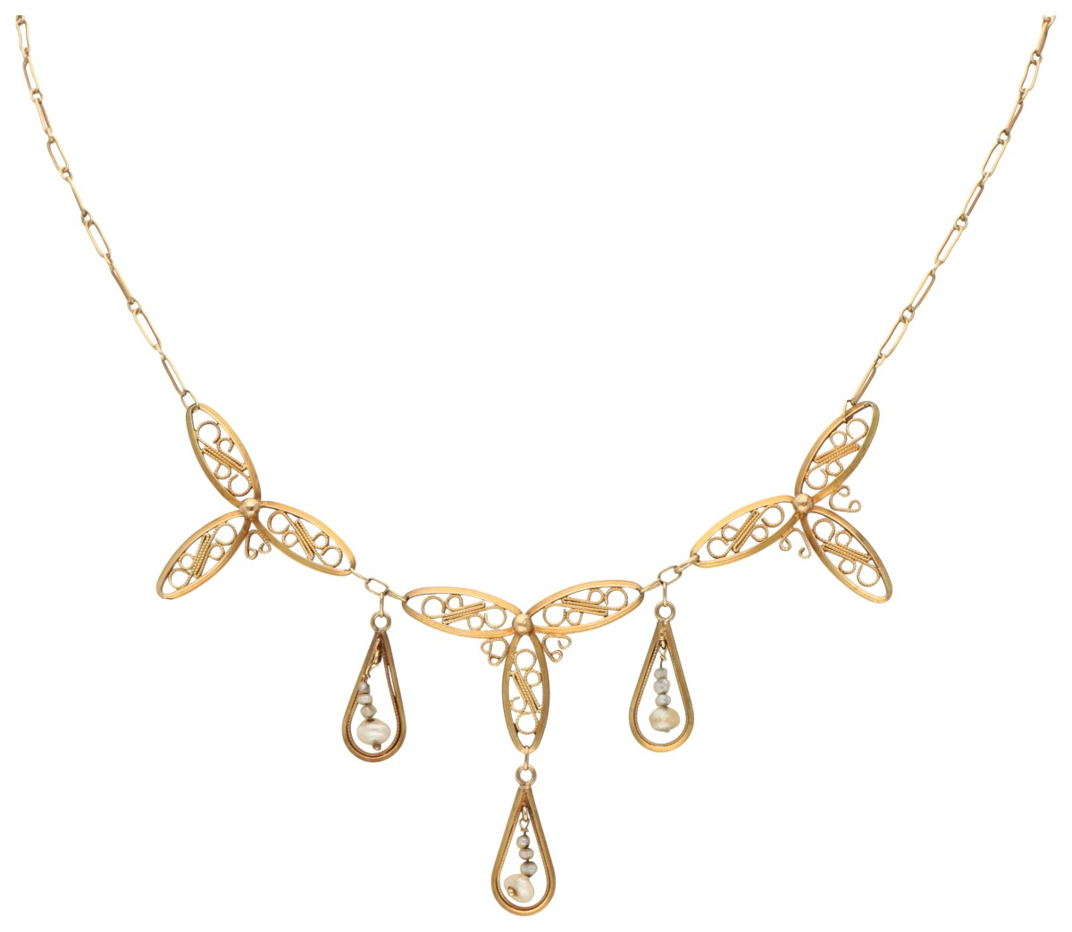 14K Geelgouden collier met filigrain en zaadparels.