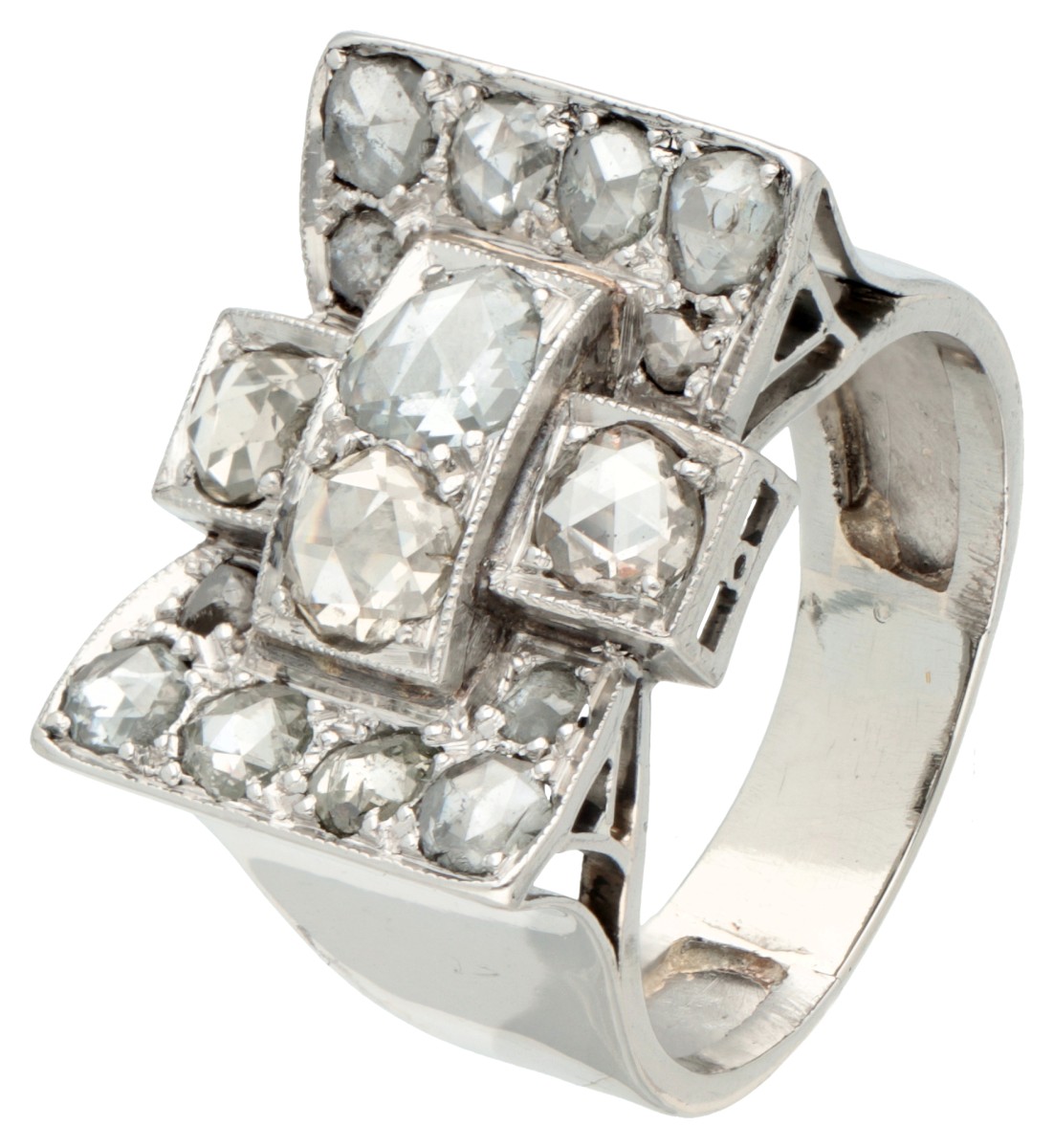 Retro jaren '50 BWG platina tank ring bezet met oud geslepen diamanten.