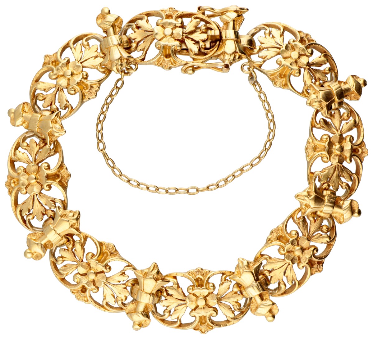 Antieke 18 kt. geelgouden opengewerkte armband met florale motieven.