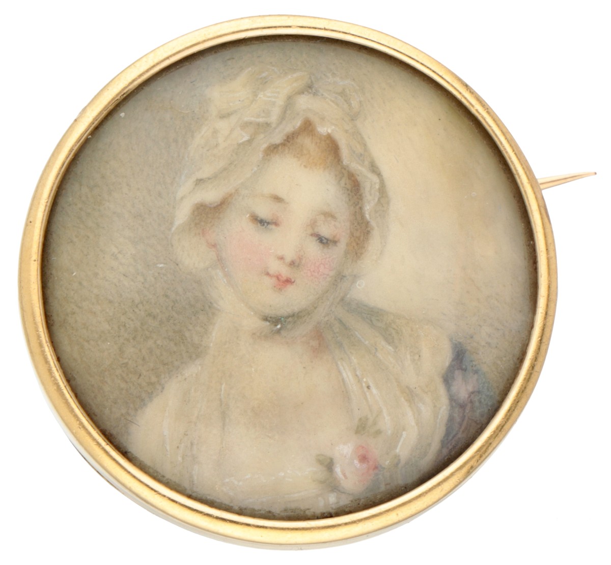 Antieke Franse 18K geelgouden broche met portret van een jonge vrouw.
