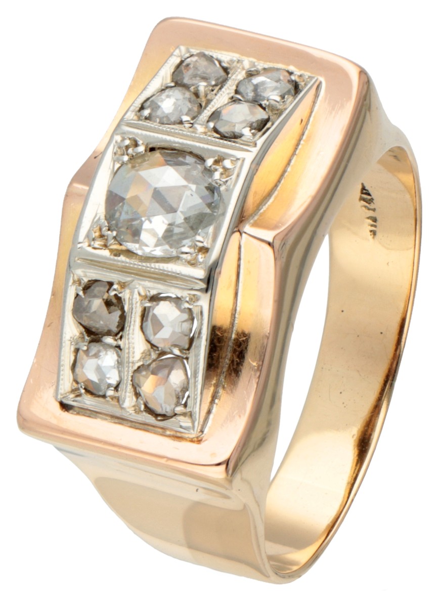 14 kt. Geelgouden retro ring met oud geslepen diamant.