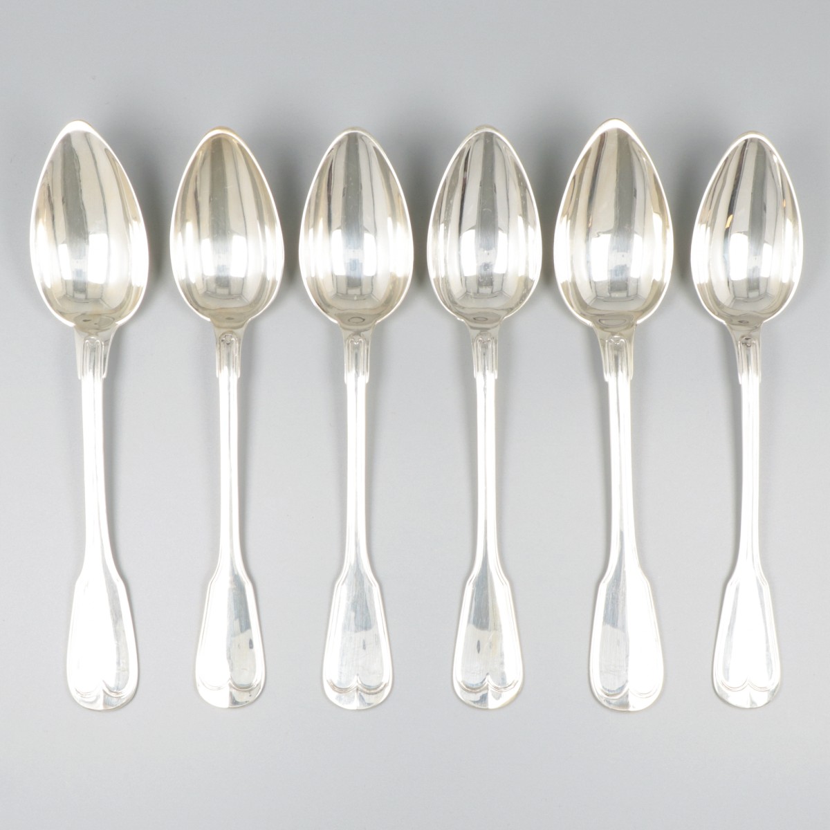 6-delige set dinerlepels zilver.