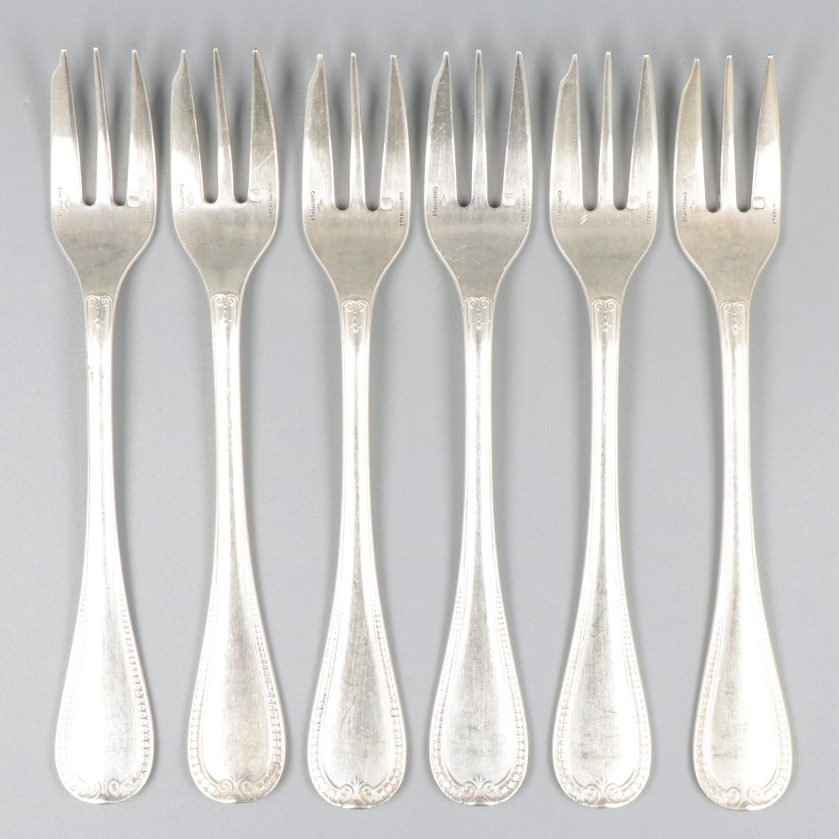 Christofle Sterling 6-delige set gebaksvorken, model Malmaison, zilver.