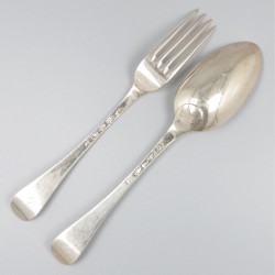 Dinerlepel en -vork ('s-Gravenhage, Andries van de Vijver 1786) zilver.