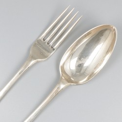 Dinerlepel en -vork ('s-Gravenhage, Andries van de Vijver 1786) zilver.