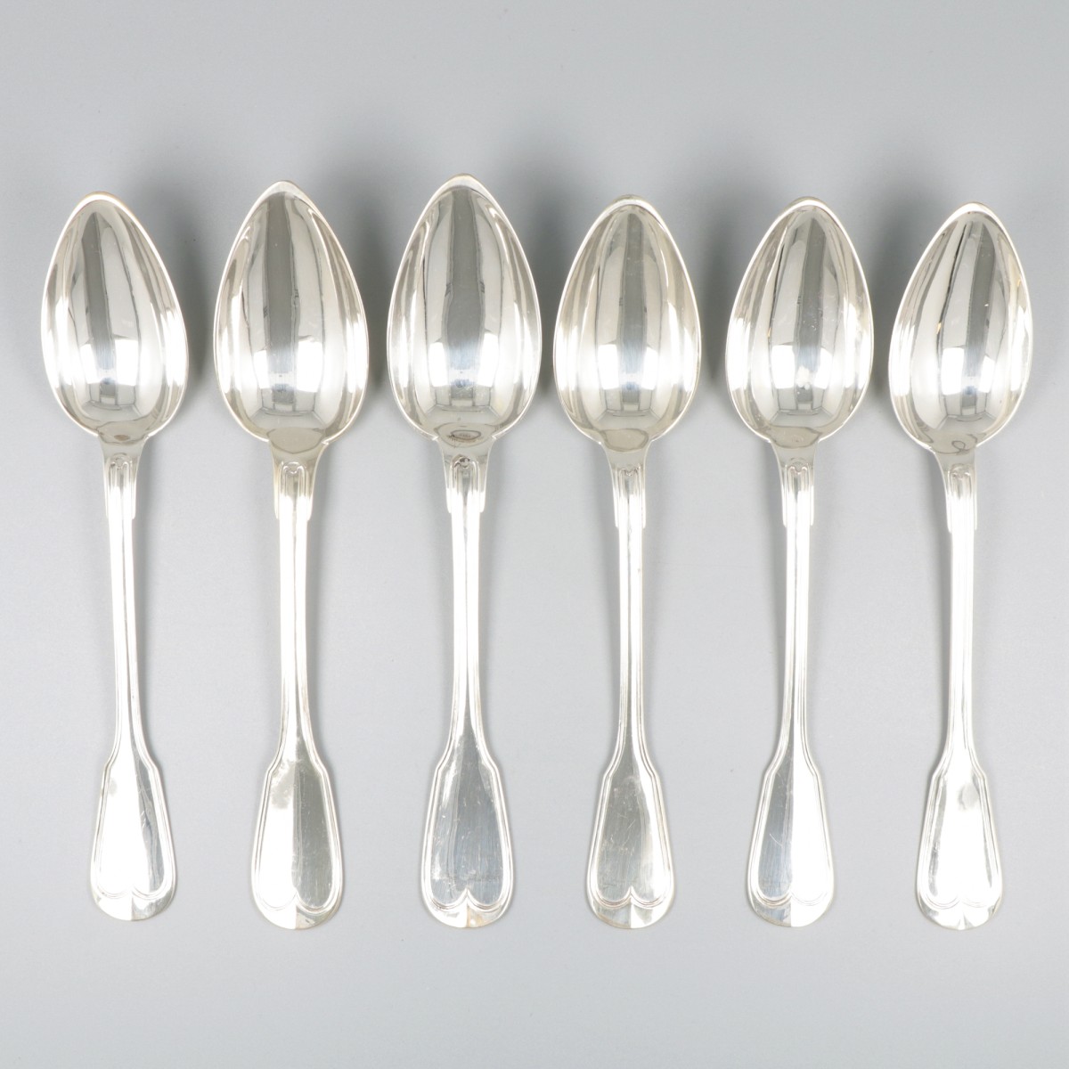 6-delige set dinerlepels zilver.