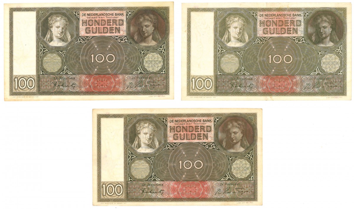 Nederland 3x 100 gulden Bankbiljet Type 1930 Luitspelende vrouw - Prachtig