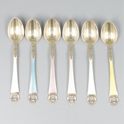 6-delige set theelepels met emaille, zilver.