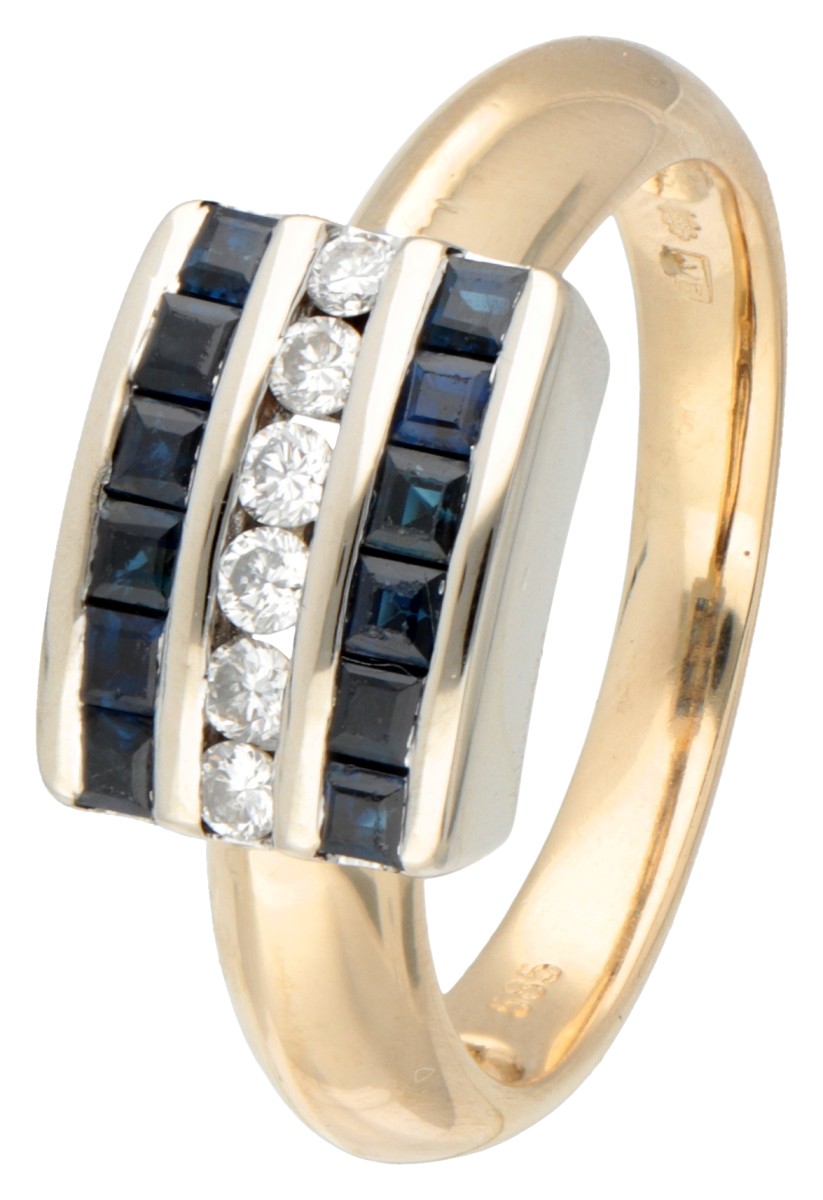 14 kt. Bicolor blokring met diamant en synthetische saffier.