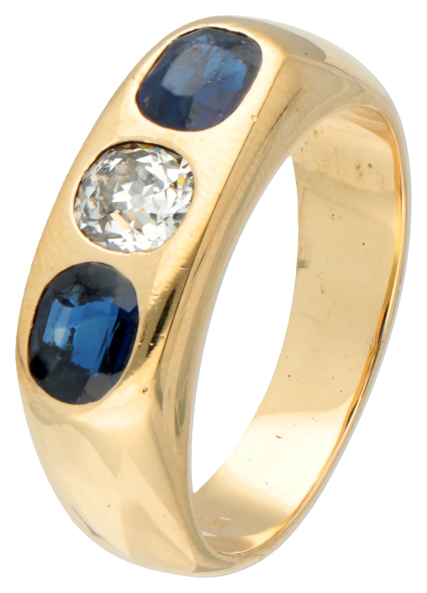 14 kt. Geelgouden ring bezet met ca. 0.59 ct. diamant en ca. 1.44 ct. natuurlijke saffier.