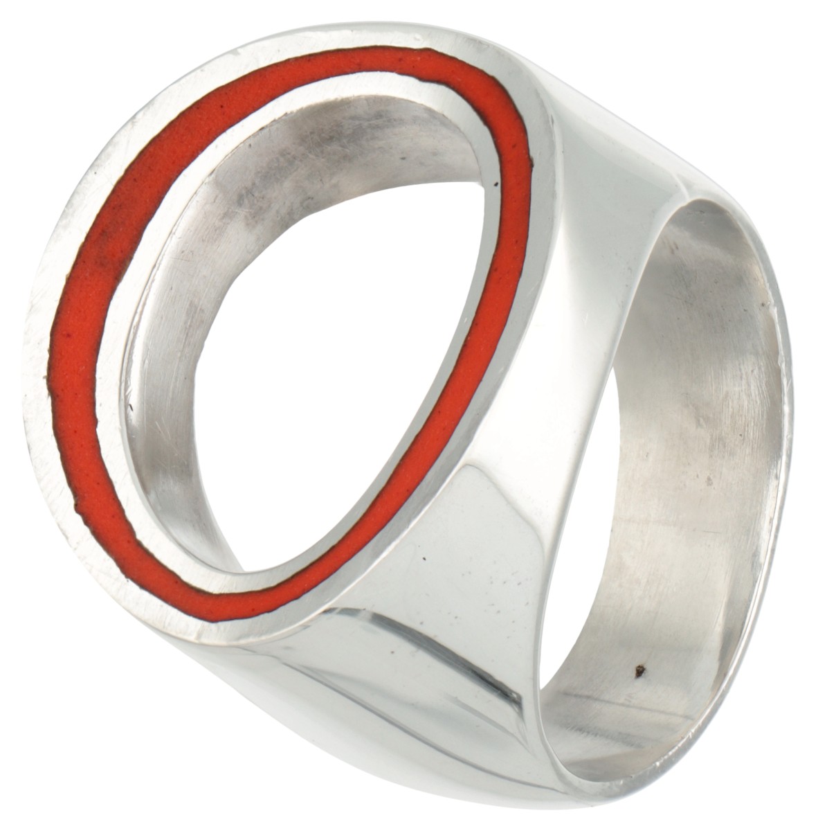 Sterling zilveren modernistische ring no. 26 met oranje emaille door Deense designer Poul Warmind.