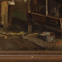 Hollandse School, 20e eeuw. Een stalinterieur met konijnenhokken.