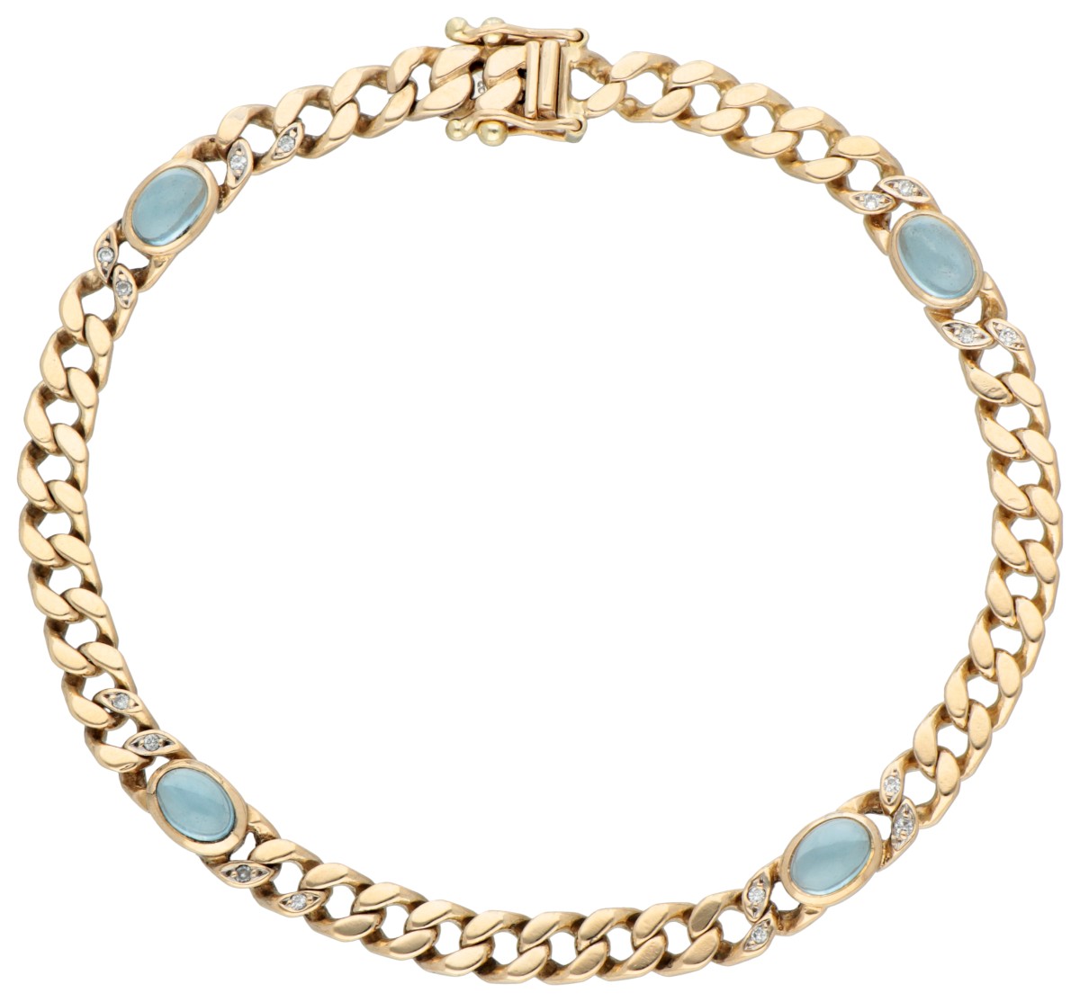 14 kt. Geelgouden gourmet-schakelarmband met blauwe kwarts en diamant.