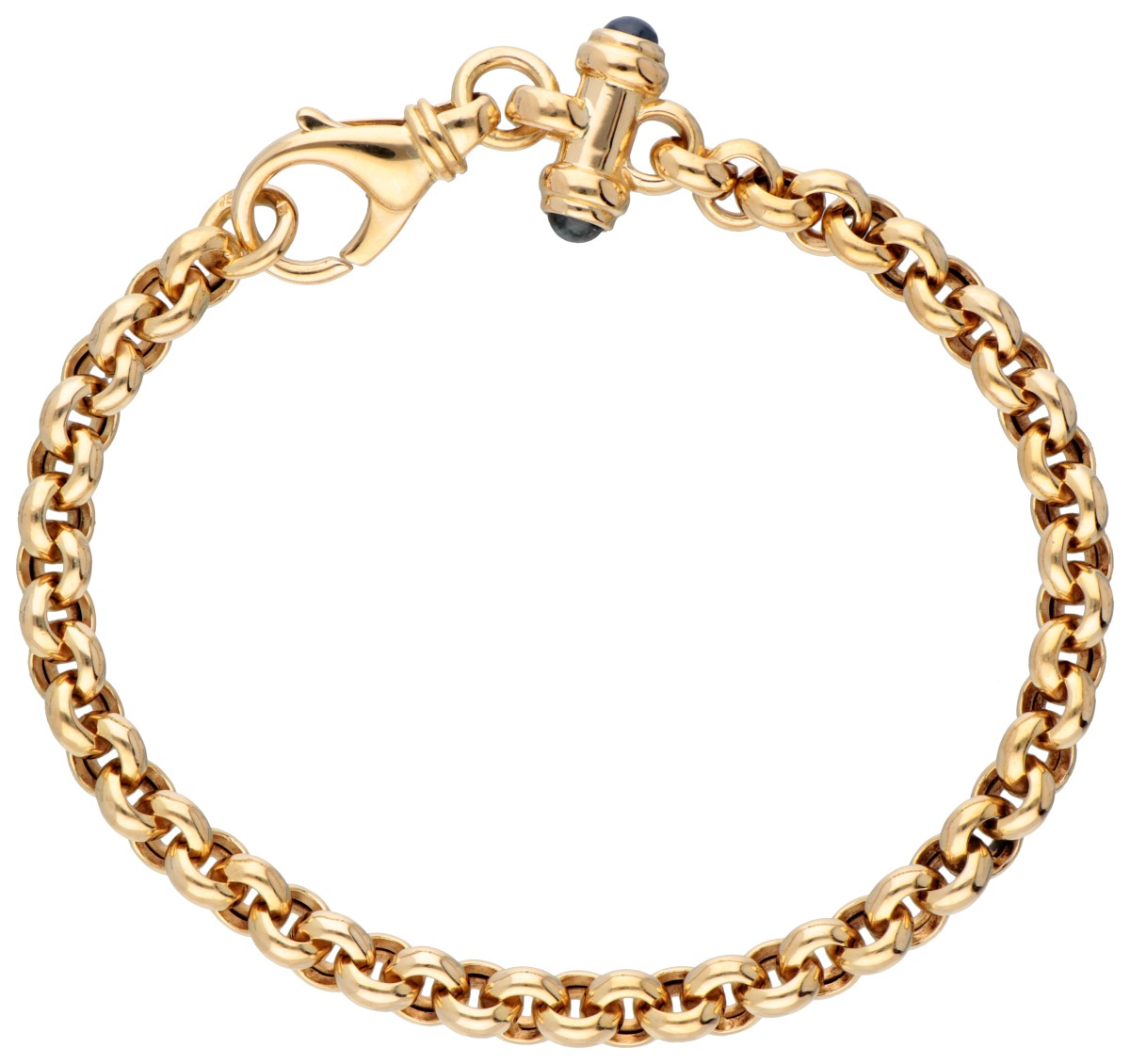 18 kt. Geelgouden jasseron schakelarmband met saffier bij de sluiting.