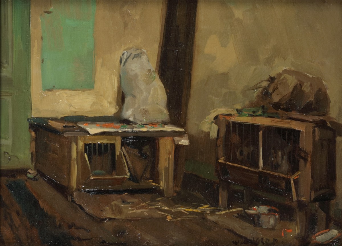 Hollandse School, 20e eeuw. Een stalinterieur met konijnenhokken.