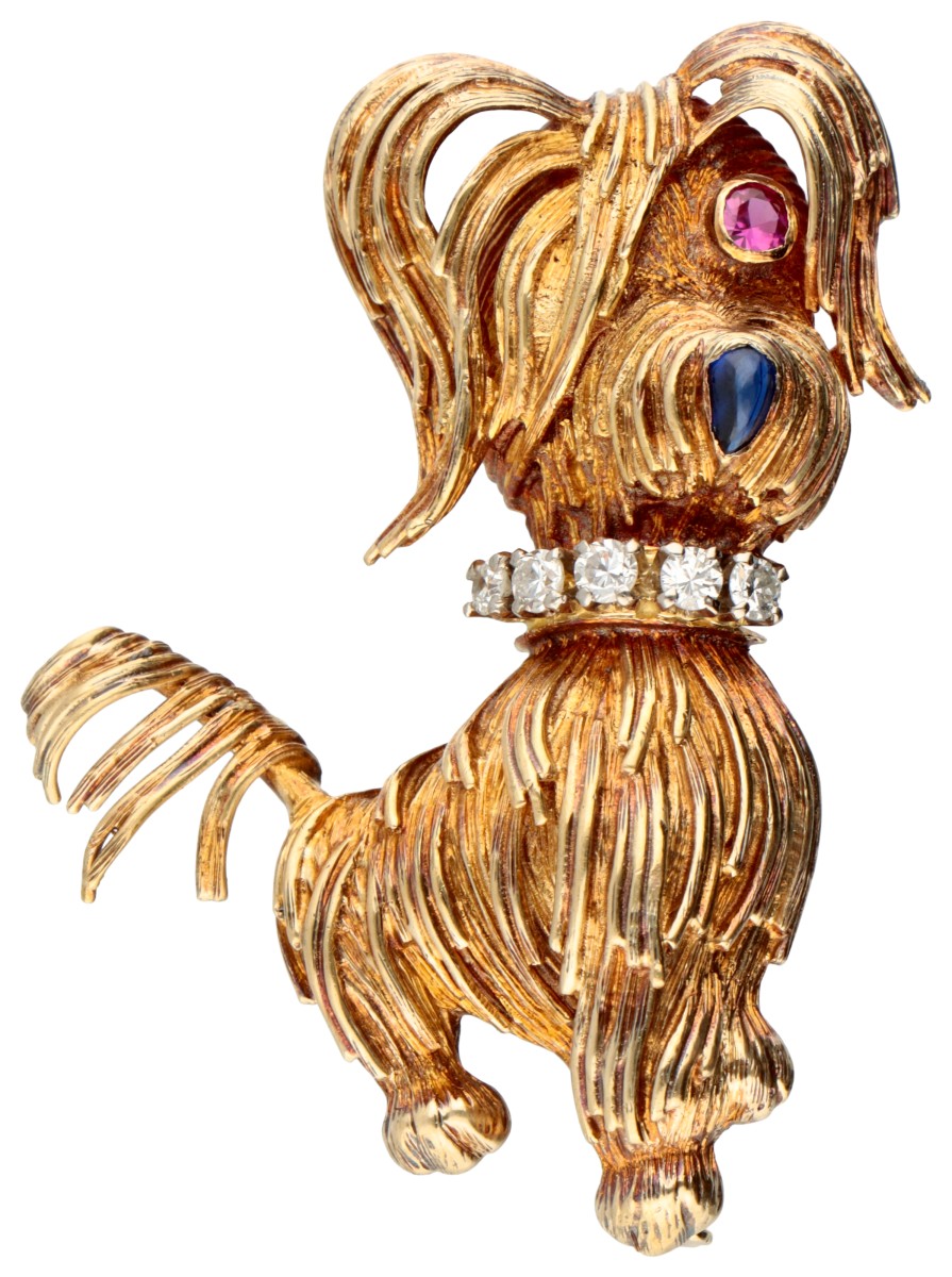 18 kt. Geelgouden 'whimsical' broche van een hond met diamanten halsband.