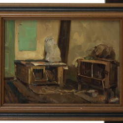 Hollandse School, 20e eeuw. Een stalinterieur met konijnenhokken.