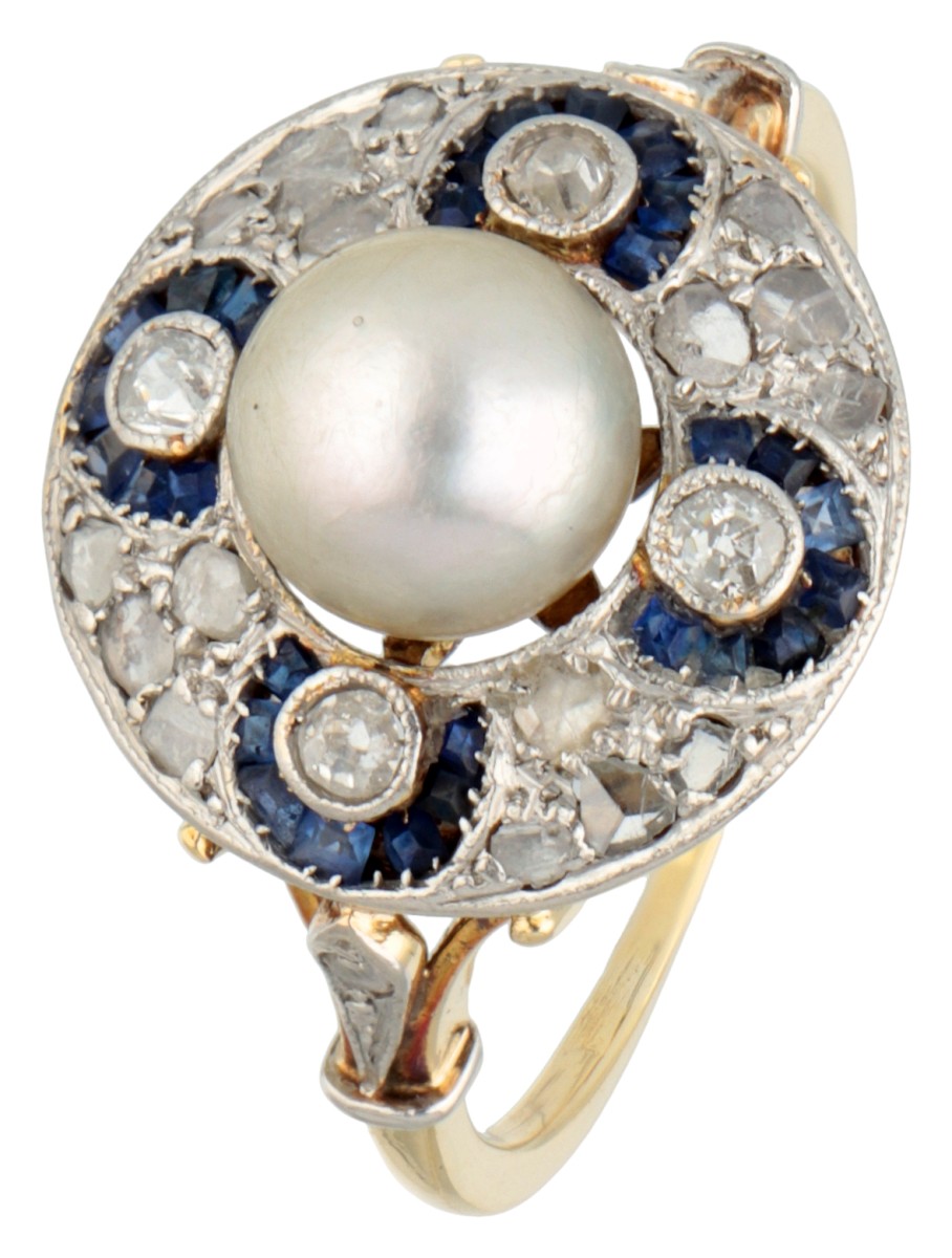 14 kt. Geelgouden art deco ring bezet met diamant, synthetische saffier en parel.