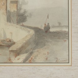 Samuel Leonardus Verveer (Den Haag 1813 - 1876), Figuren bij een stenen brug nabij een versterkt huis.