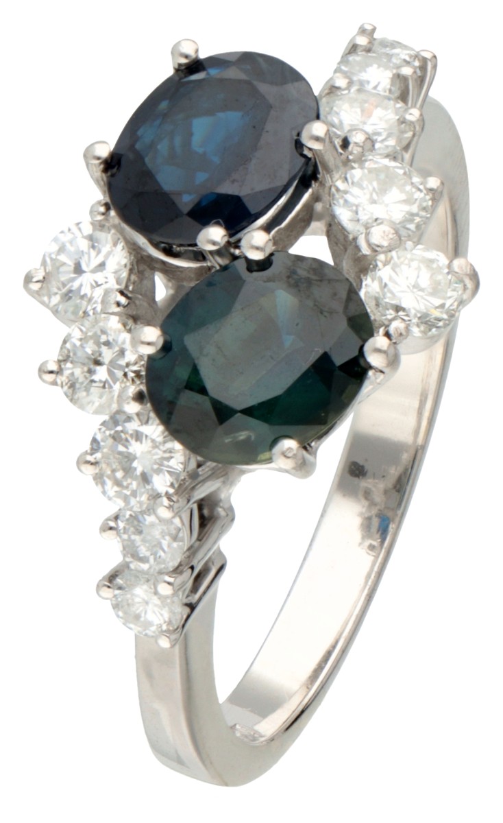 No reserve - 14K Witgouden Toi & Moi ring bezet met ca. 0.48 ct. natuurlijke saffier en diamant.